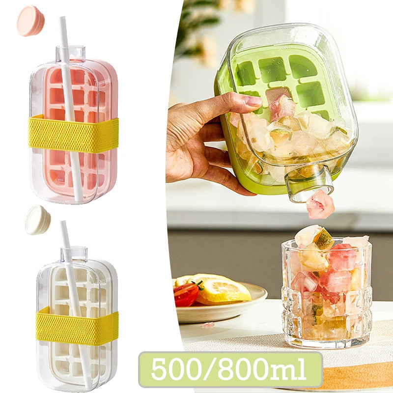 500/800ML Ice Cup with Straw Press Style Ice Mold Ice Cube Tray Household DIY Cold Drinking Tool Outdoor Sports Straw Water Cup