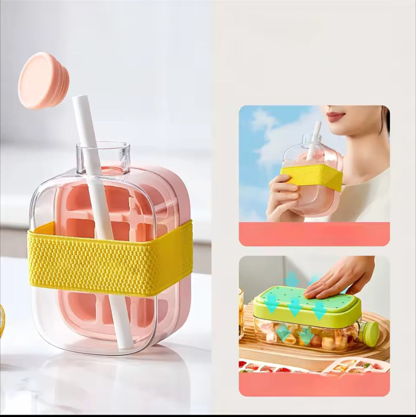 Ice Cup Pink - Gobelet Ice Cup 500 ml avec paille et moule à glaçons intégré – Tasse isotherme DIY pour boissons froides, idéale pour le sport et l’extérieur.